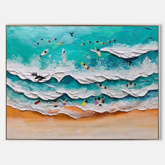 Vibrant Ocean Waves and Surfers Oil Painting with Textural Depth