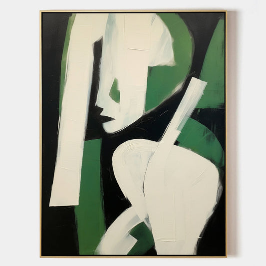 Abstract Green and White Figure – Modern Minimalist Oil Painting for Contemporary Home Decor