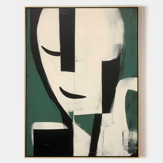 Abstract Minimalist Portrait in Green and Black - Modern Oil Painting for Home Decor