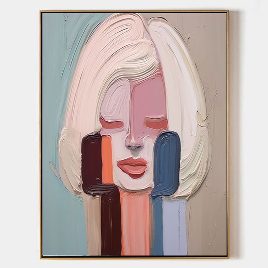Contemporary Abstract Oil Painting of a Serene Woman with Soft Pastel Colors