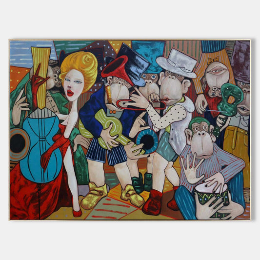 Colorful Pop Art Oil Painting of Musicians and Monkeys in Vibrant Abstract Style