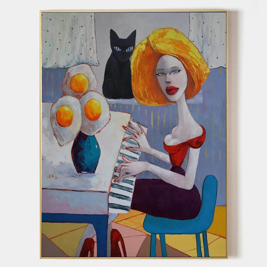 Vibrant Pop Art Woman Playing Piano with Cat and Flowers in Bold Colors