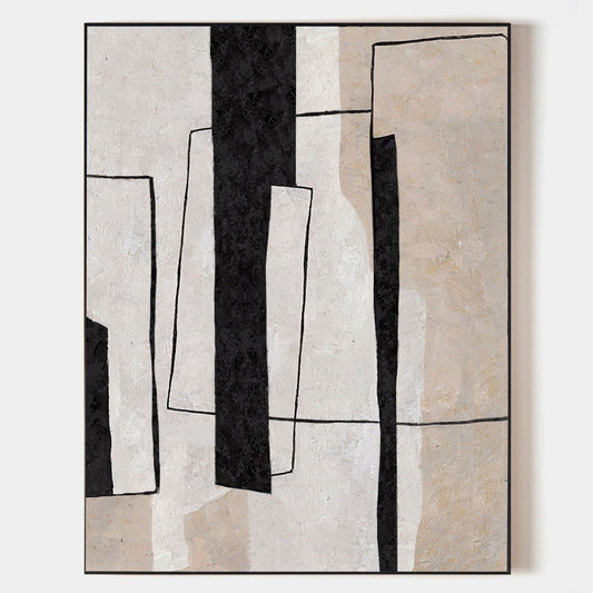Contemporary Black and White Geometric Oil Painting for Modern Home Decor