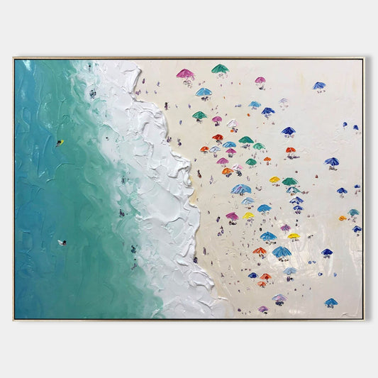 Vibrant Beach Scene Oil Painting with Colorful Umbrellas and Ocean Waves