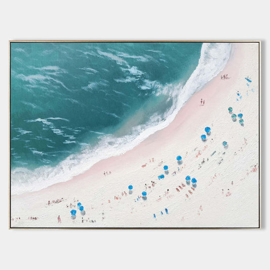 Serene Beachscape Oil Painting with Vibrant Ocean and Sunbathers