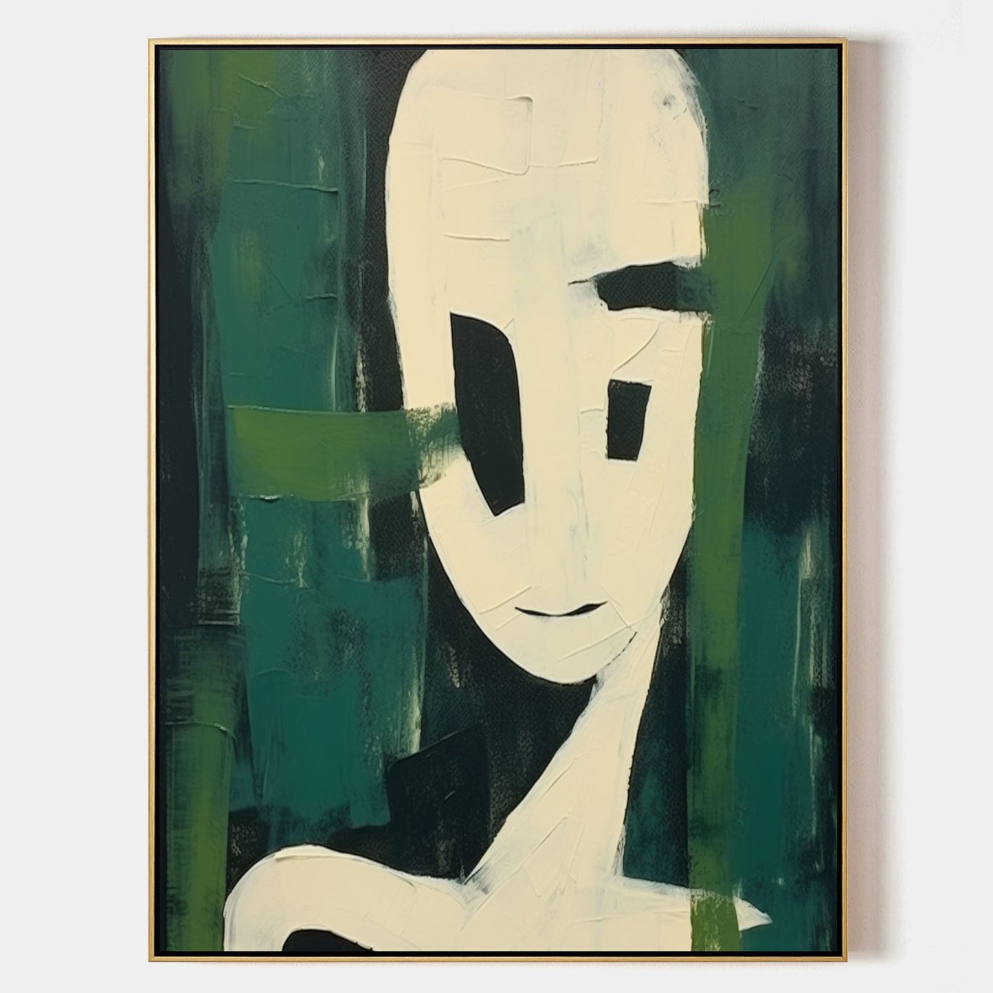 Abstract Minimalist Portrait with Green Accents - Contemporary Oil Painting Decor