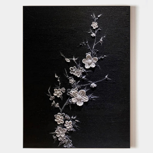 Elegant Floral Textured Oil Painting on Black Canvas