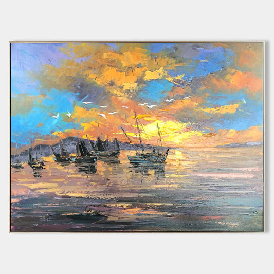 Vibrant Sunset Over Calm Waters with Fishing Boats - Oil Painting