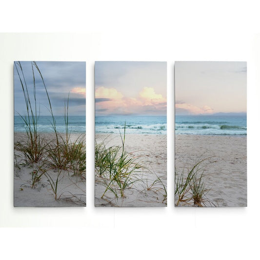 Serene Coastal Landscape Triptych with Soft Waves and Golden Sands