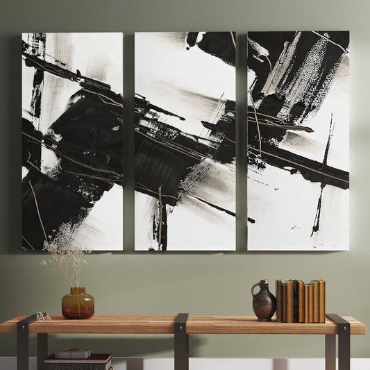 Contemporary Black and White Abstract Triptych Canvas Art