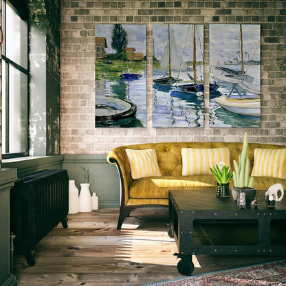 Serene Sailboats on Tranquil Waters Triptych Oil Painting Decor