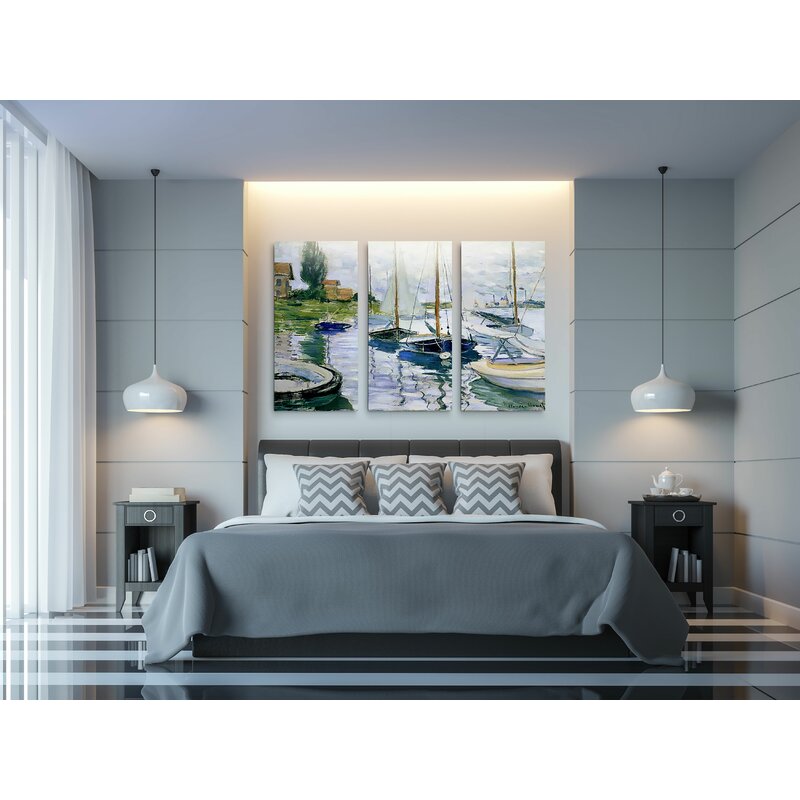 Serene Sailboats on Tranquil Waters Triptych Oil Painting Decor