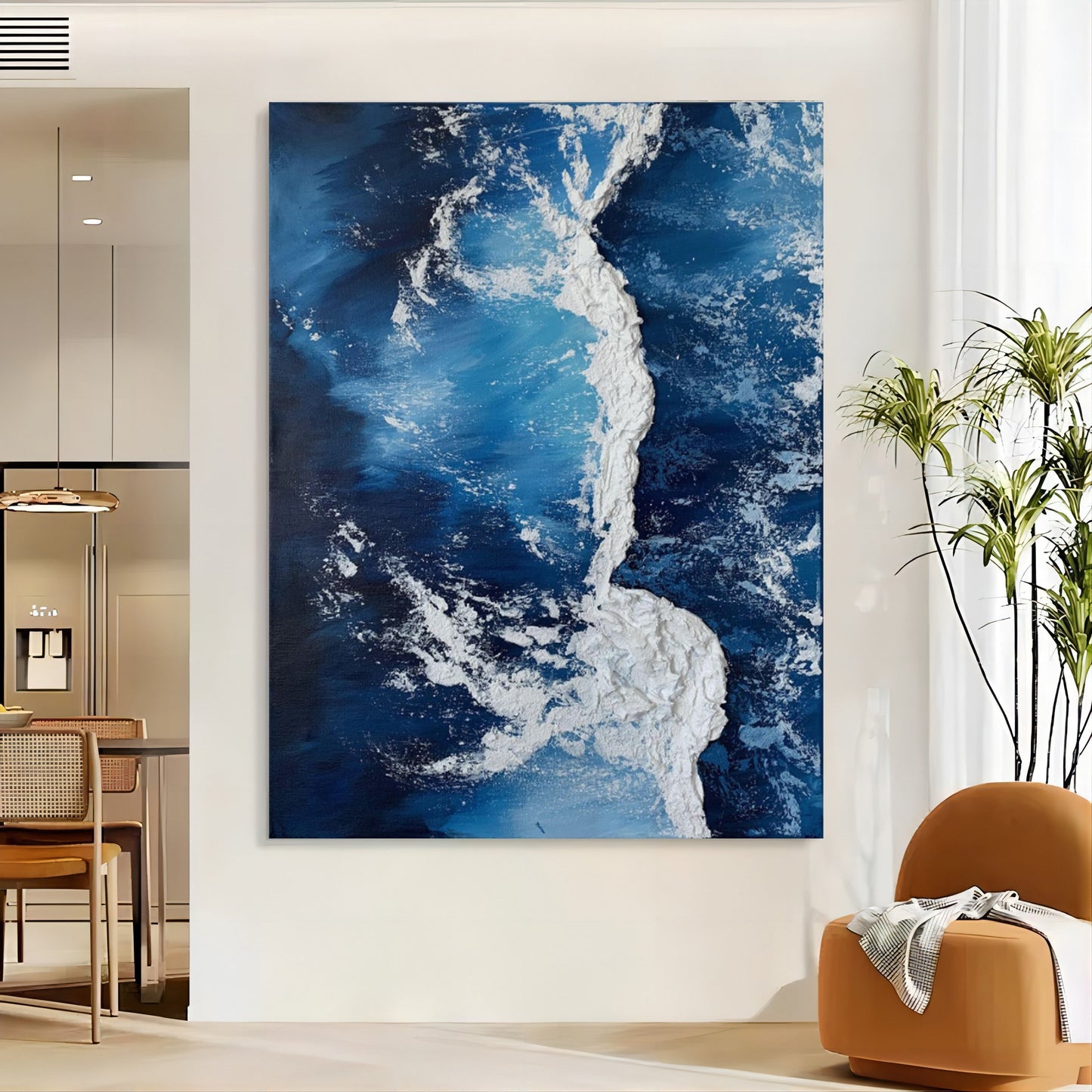 Stunning Abstract Blue Oil Painting with Textured Plaster Finish for Modern Decor