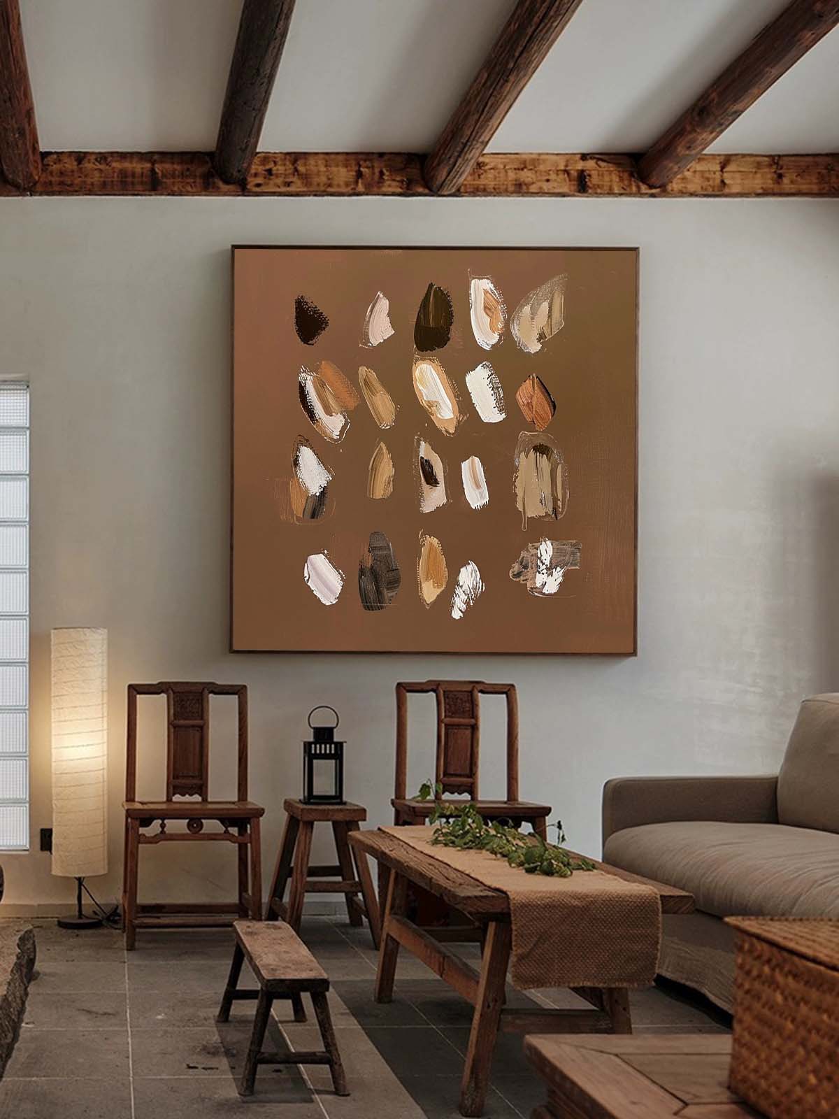 Modern Vintage Abstract Oil Painting in Earthy Tones for Stylish Home Decor