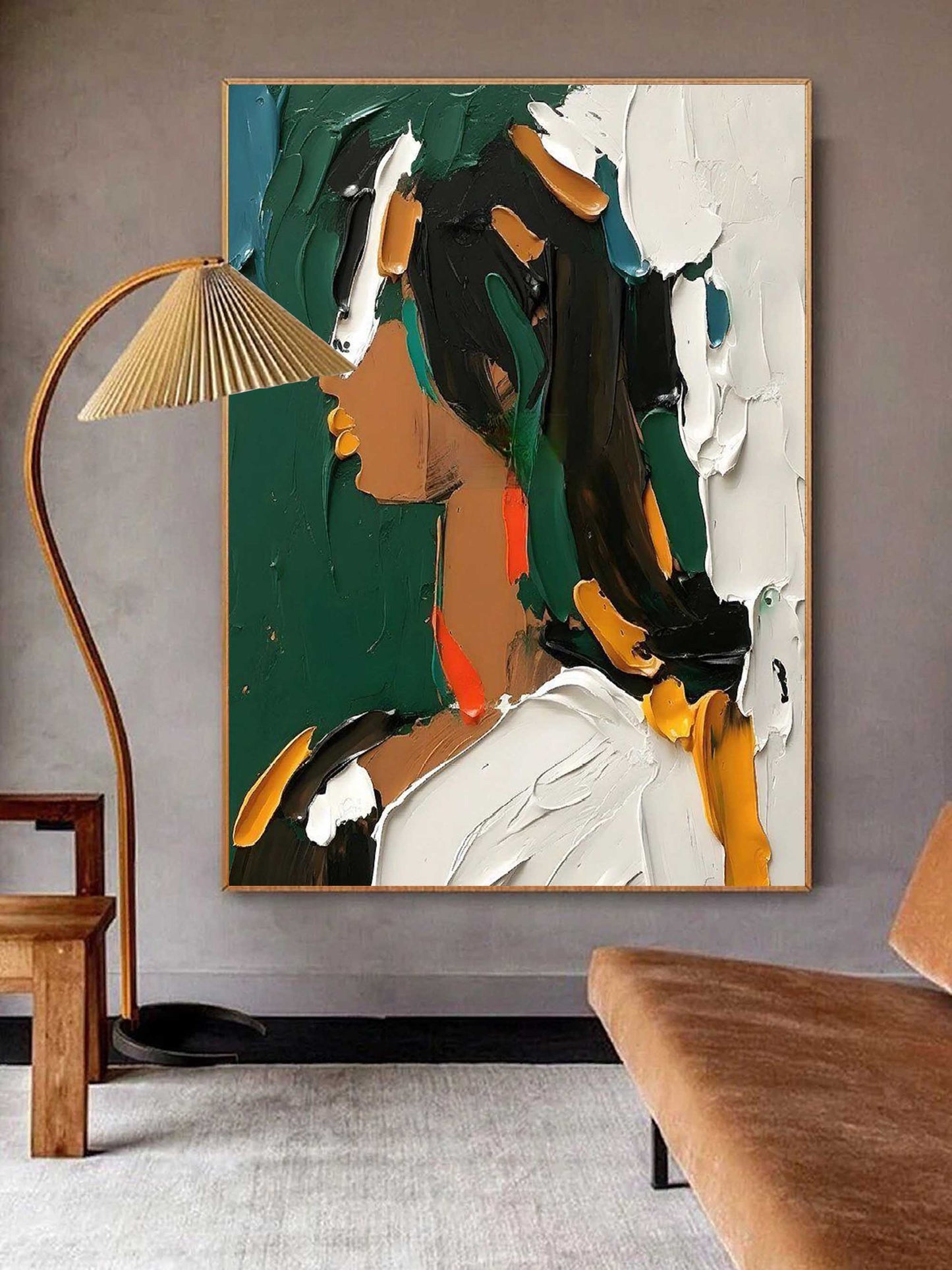 Vibrant Abstract Oil Painting of a Woman in Profile on Deep Green Background