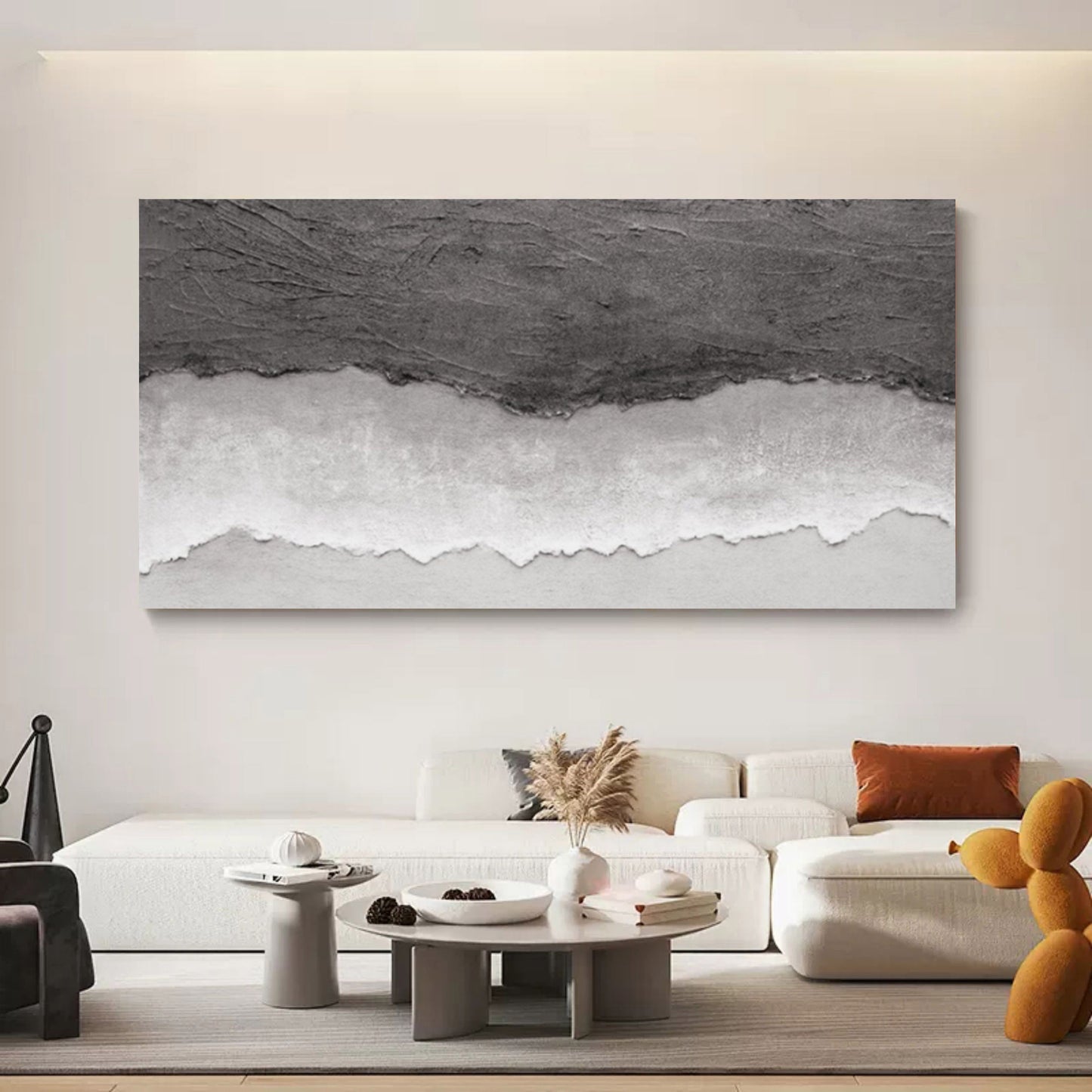 Textured Monochrome Abstract Oil Painting for Modern Home Decor