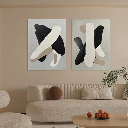 Contemporary Black and White Abstract Oil Painting Duo for Modern Decor
