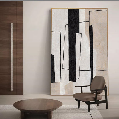 Contemporary Black and White Geometric Oil Painting for Modern Home Decor