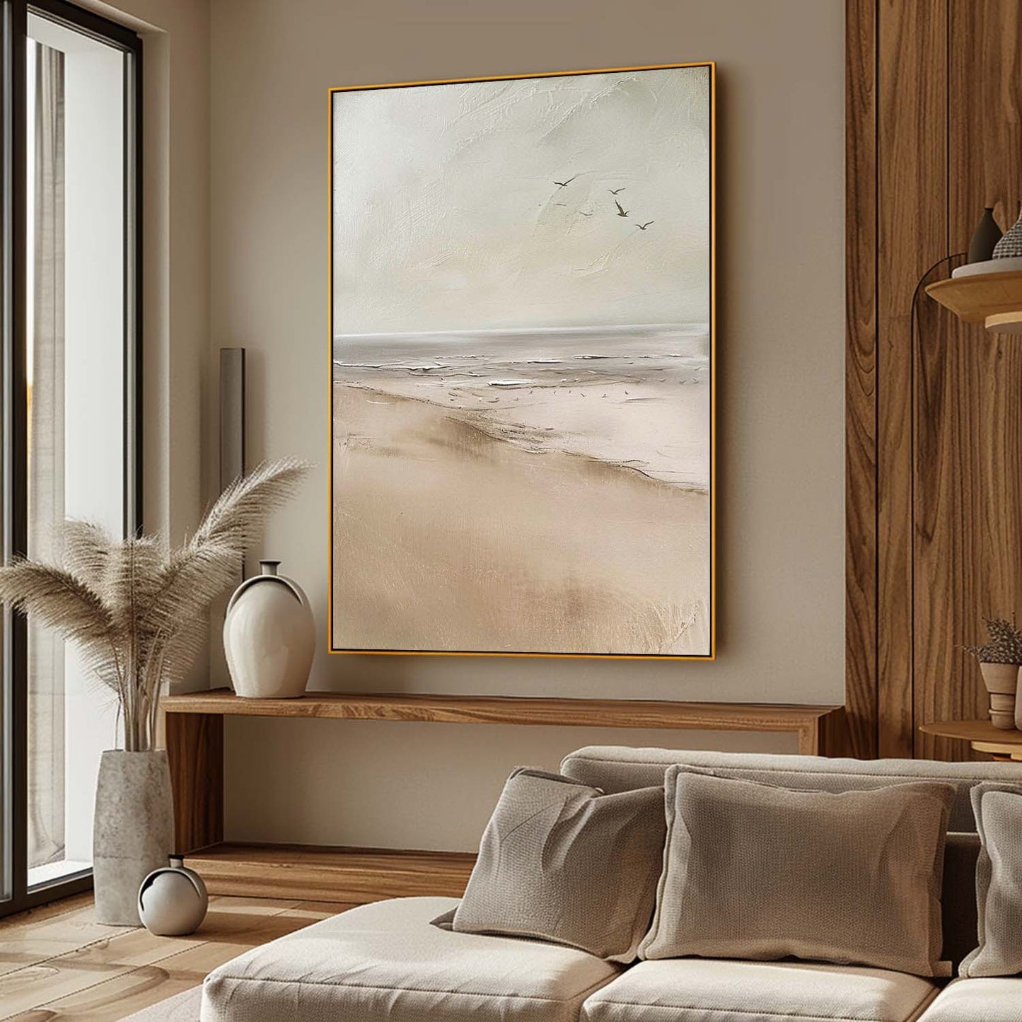 Serene Coastal Landscape Oil Painting with Soft Hues and Gentle Waves