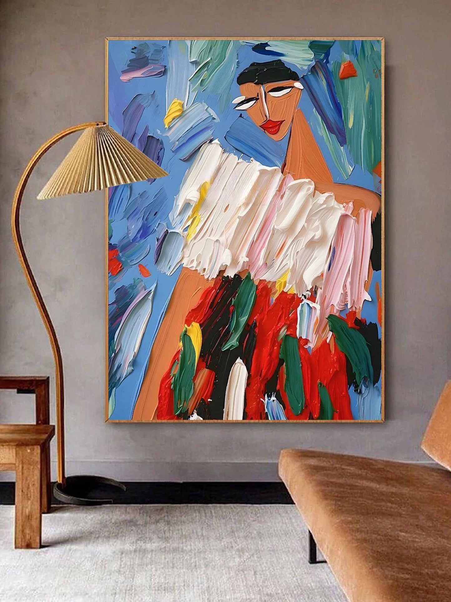 Vibrant Abstract Oil Painting of a Woman in Colorful Attire and Expressive Background