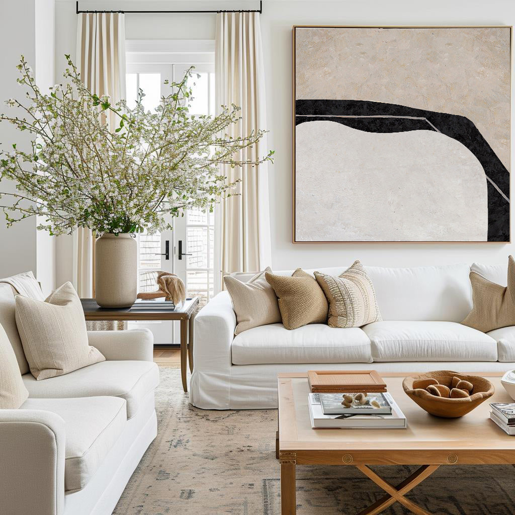 Elegant Minimalist Canvas Art – Modern Black and White Abstract Painting for Home Decor
