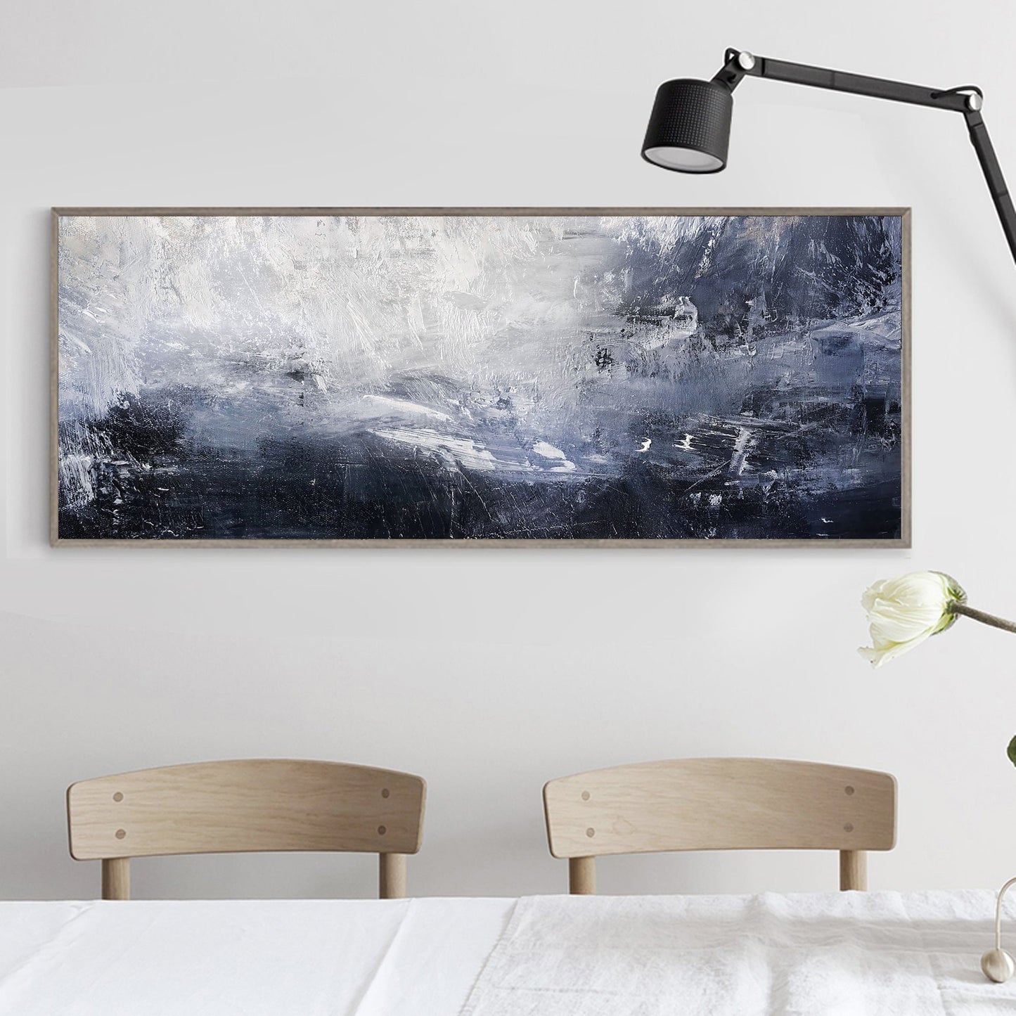 Serene Blue and White Abstract Landscape Oil Painting for Modern Decor