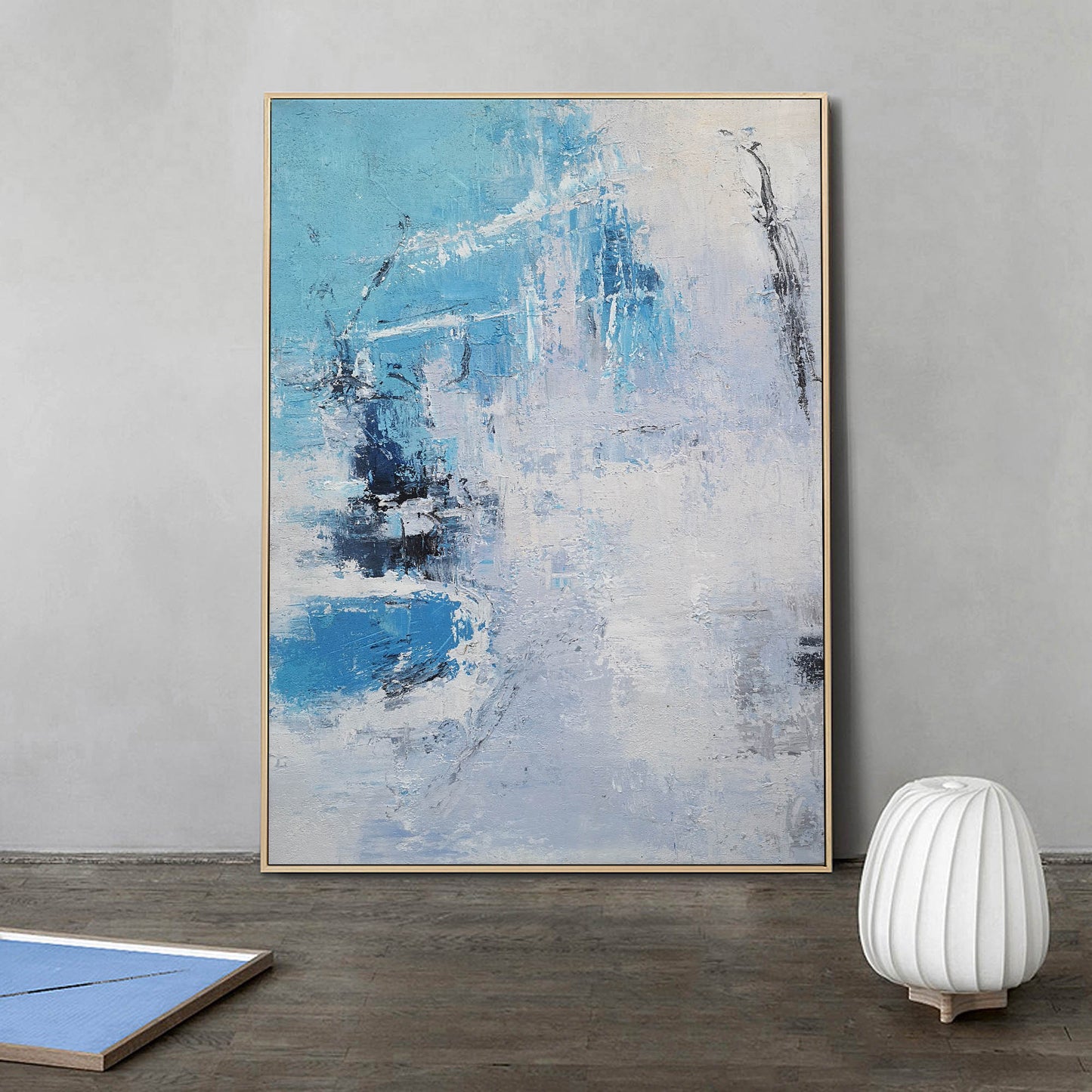 Stunning Blue and White Abstract Oil Painting for Modern Decor