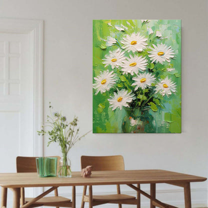 Vibrant Daisy Bouquet Oil Painting in Green and White for Bright Home Decor