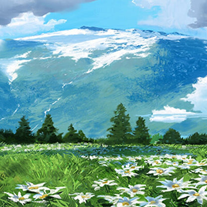 Serene Mountain Landscape with Lush Meadows and Vibrant Wildflowers