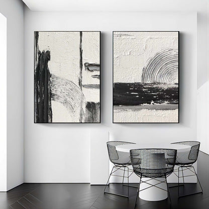 Contemporary Black and White Abstract Oil Painting Duo for Modern Interiors
