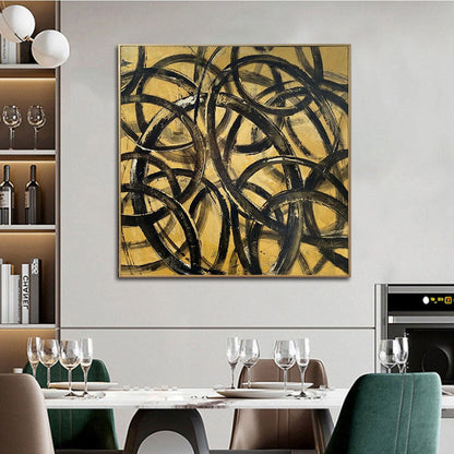 Abstract Black and Gold Infinity Circles Oil Painting for Modern Decor