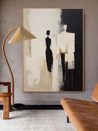 Elegant Black and White Contemporary Minimalist Oil Painting for Modern Decor