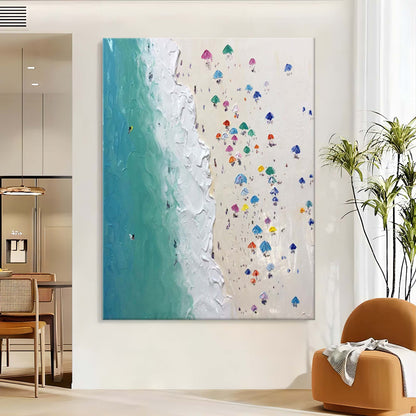 Vibrant Coastal Escape Oil Painting with Colorful Beach Umbrellas