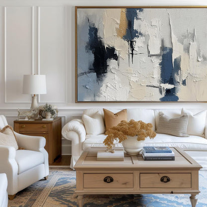 Contemporary Blue and Beige Abstract Oil Painting for Modern Home Decor