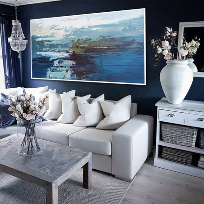 Serene Blue Ocean Waves Abstract Oil Painting for Tranquil Home Decor