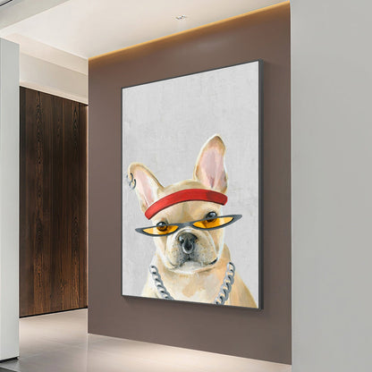 Stylish French Bulldog Portrait with Glasses and Headband for Modern Decor