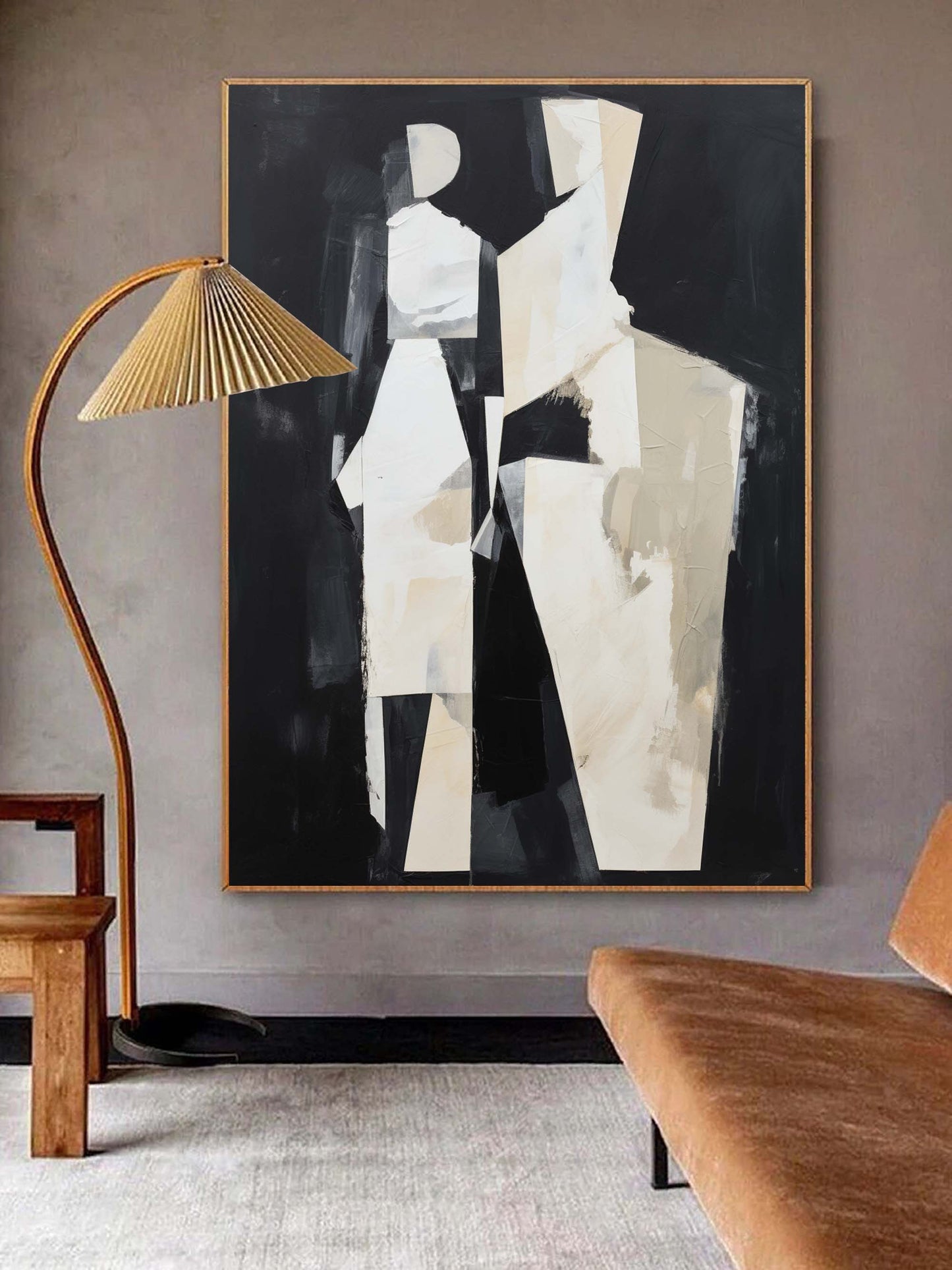 Abstract Black and White Minimalist Oil Painting for Modern Home Decor