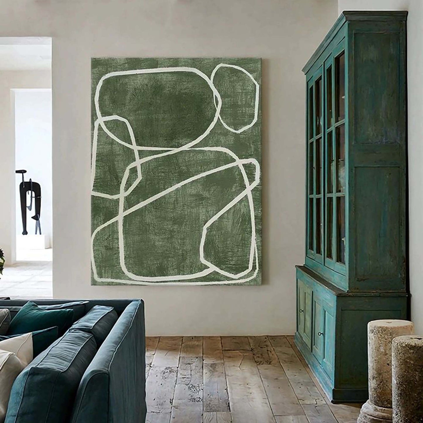 Abstract Green Oil Painting with Bold White Lines for Modern Home Decor