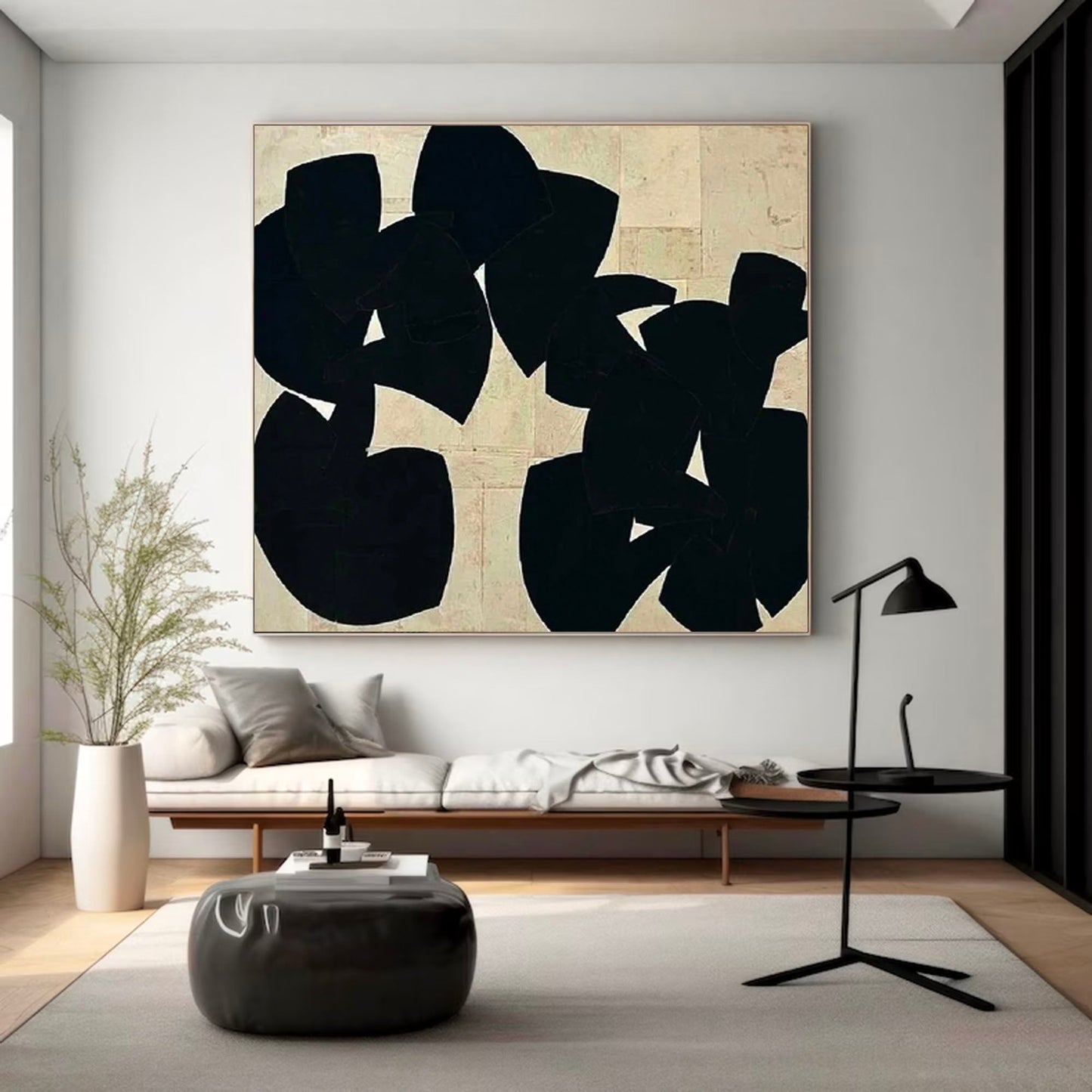 Contemporary Minimalist Abstract Oil Painting with Bold Black Shapes