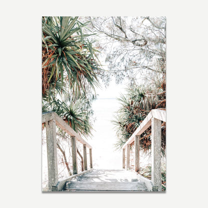 Serene Coastal Pathway Oil Painting with Lush Tropical Foliage