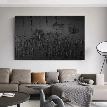 Textured Black Abstract Art - Modern Minimalist Oil Painting for Contemporary Decor