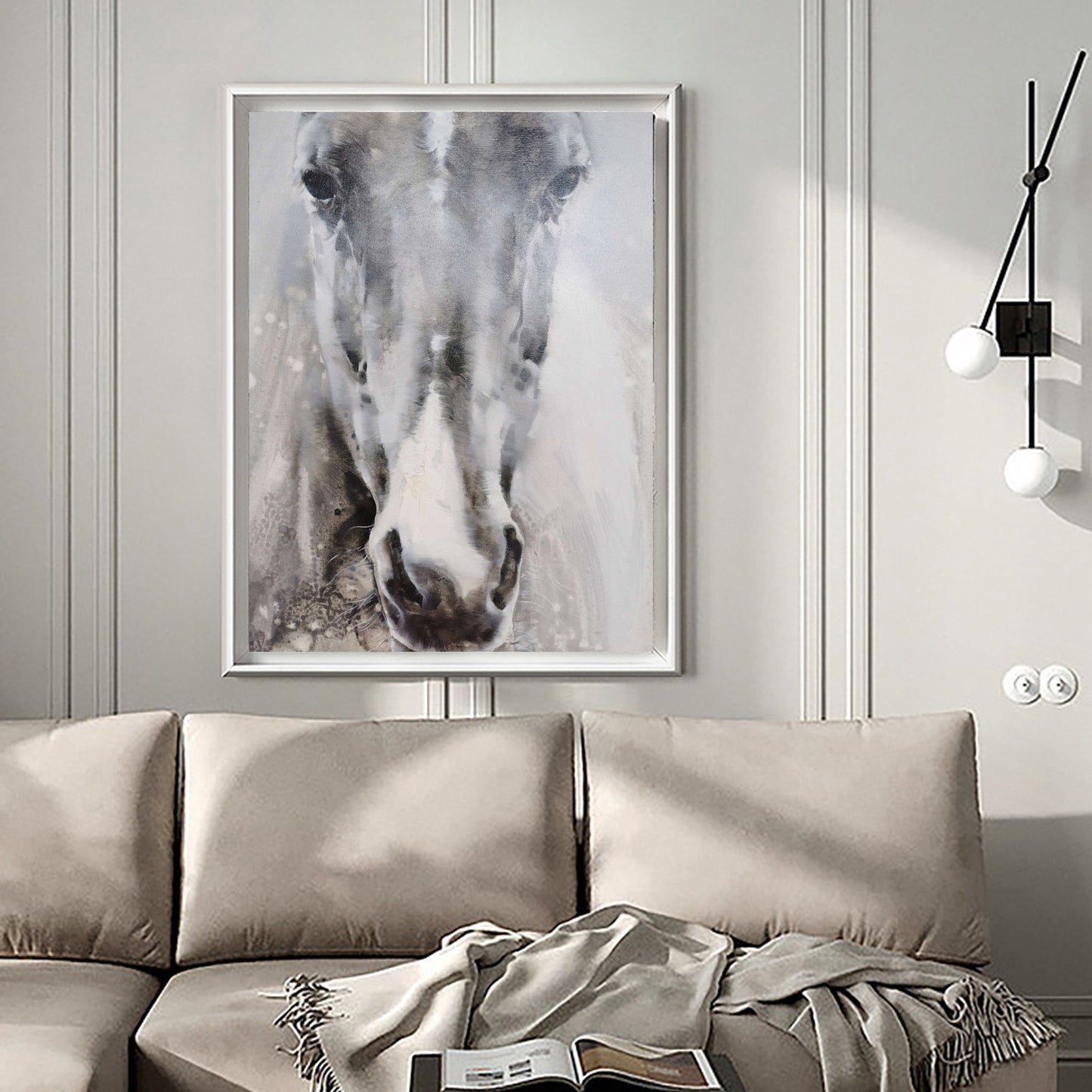 Stunning Grey and White Abstract Horse Oil Painting for Modern Home Decor