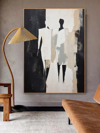 Abstract Figures in Black and White Minimalist Oil Painting for Modern Home Decor