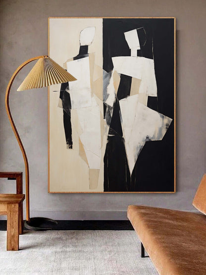 Abstract Minimalist Oil Painting with Elegant Figures in Bold Black and White