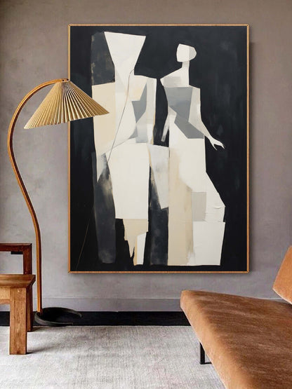 Abstract Minimalist Oil Painting of Stylized Figures in Black and White