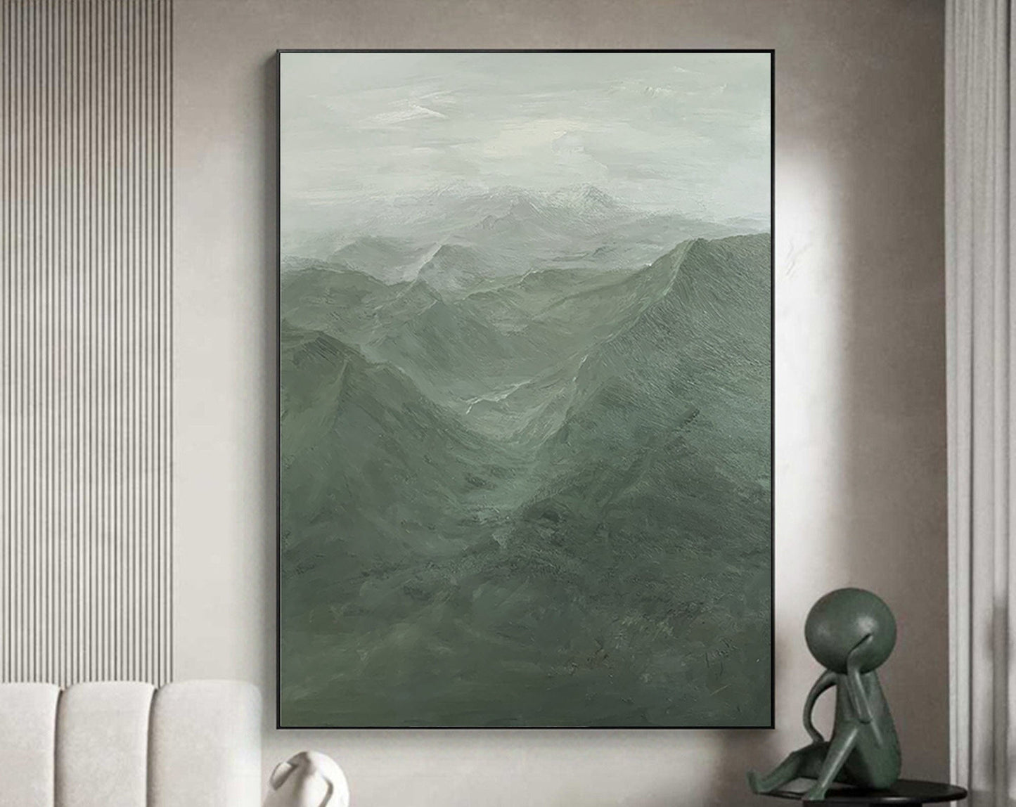 Serene Green Mountain Landscape Oil Painting for Modern Home Decor