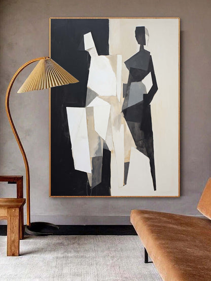 Stylish Abstract Oil Painting in Black and White for Modern Home Decor