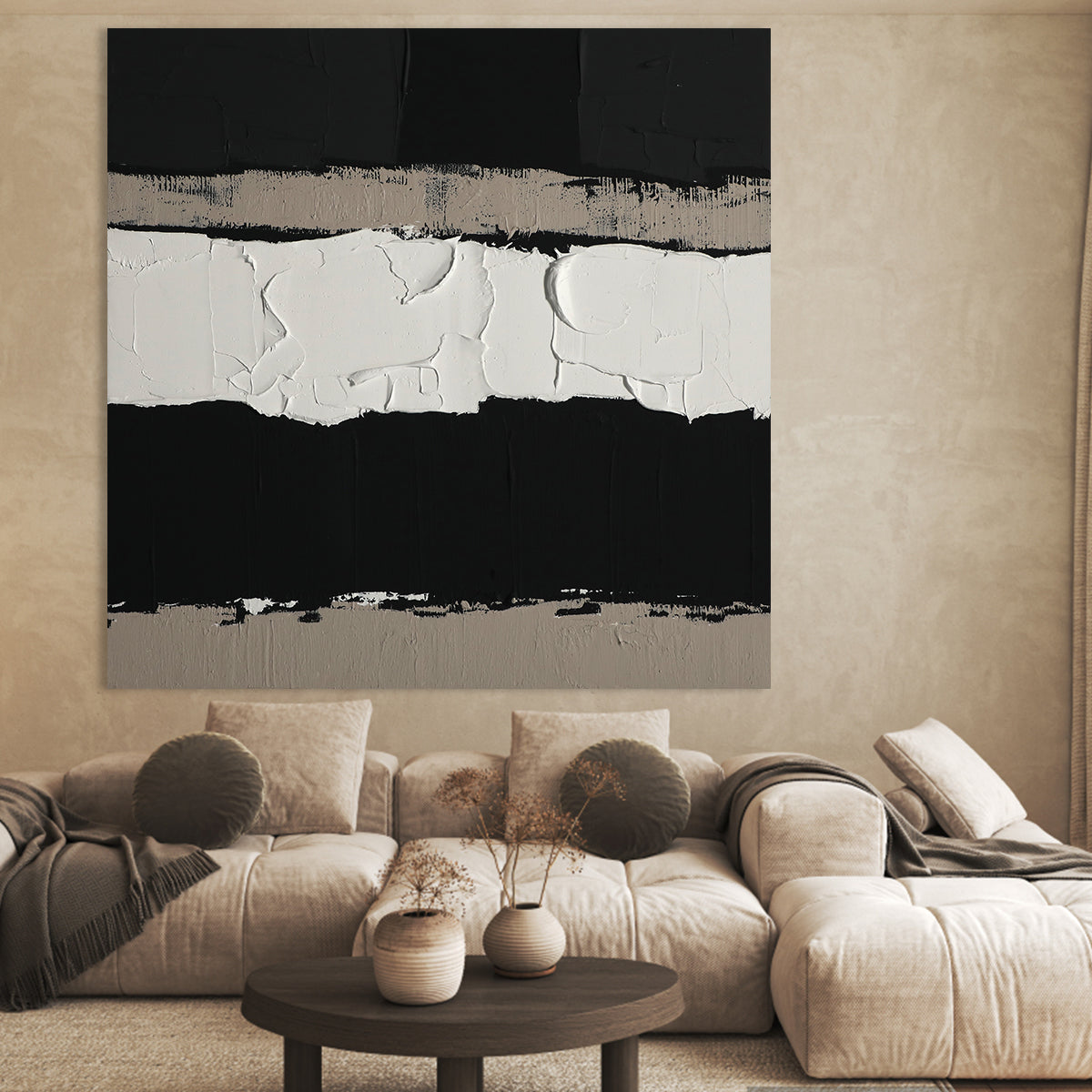 Monochrome Abstract Textured Oil Painting for Modern Home Decor