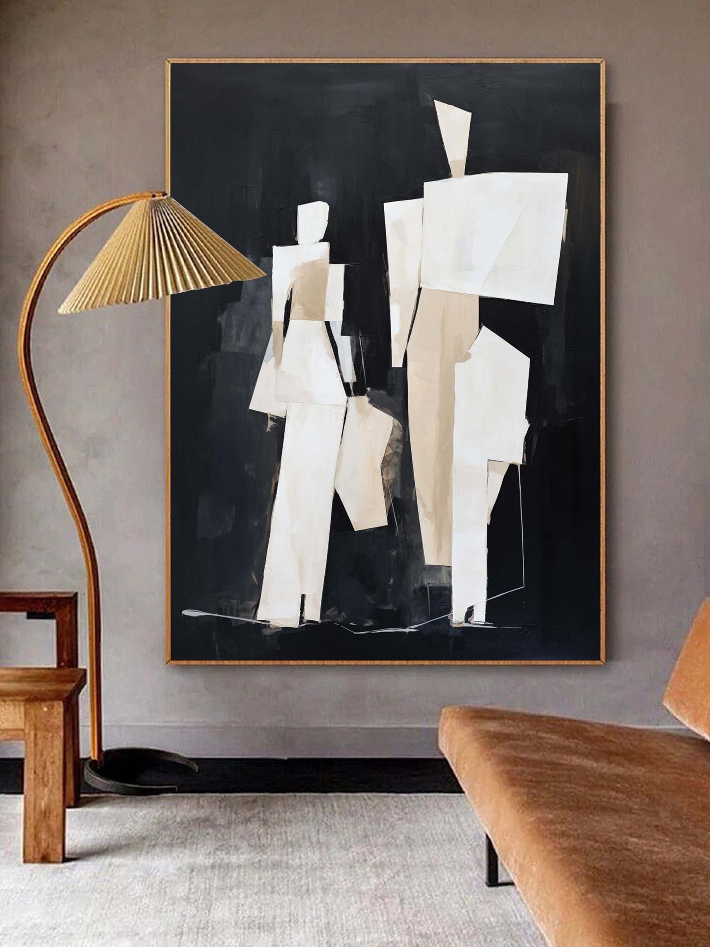 Abstract Minimalist Oil Painting of Figures in Neutral Tones and Dark Background