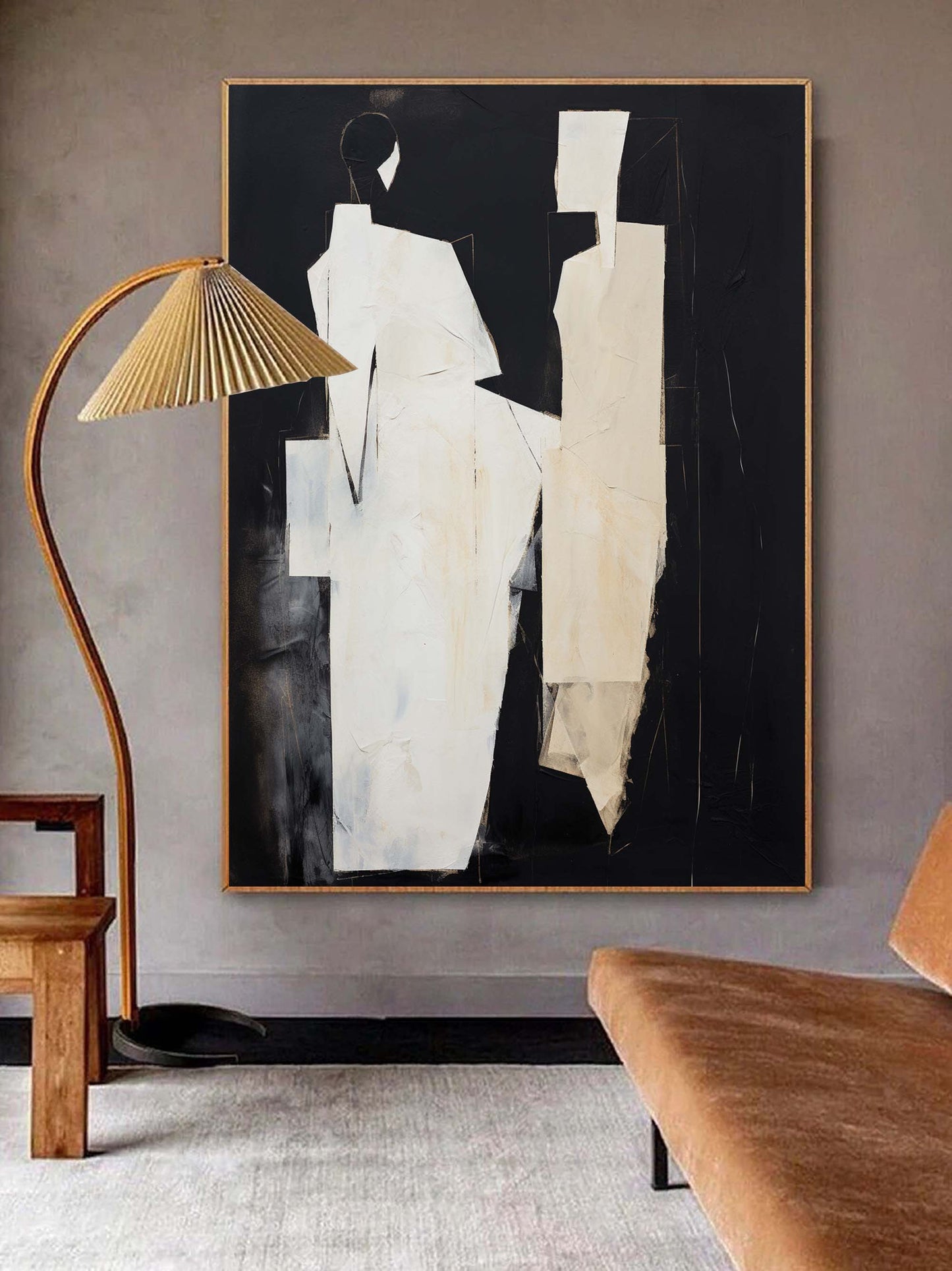 Abstract Black and White Minimalist Oil Painting for Modern Home Decor